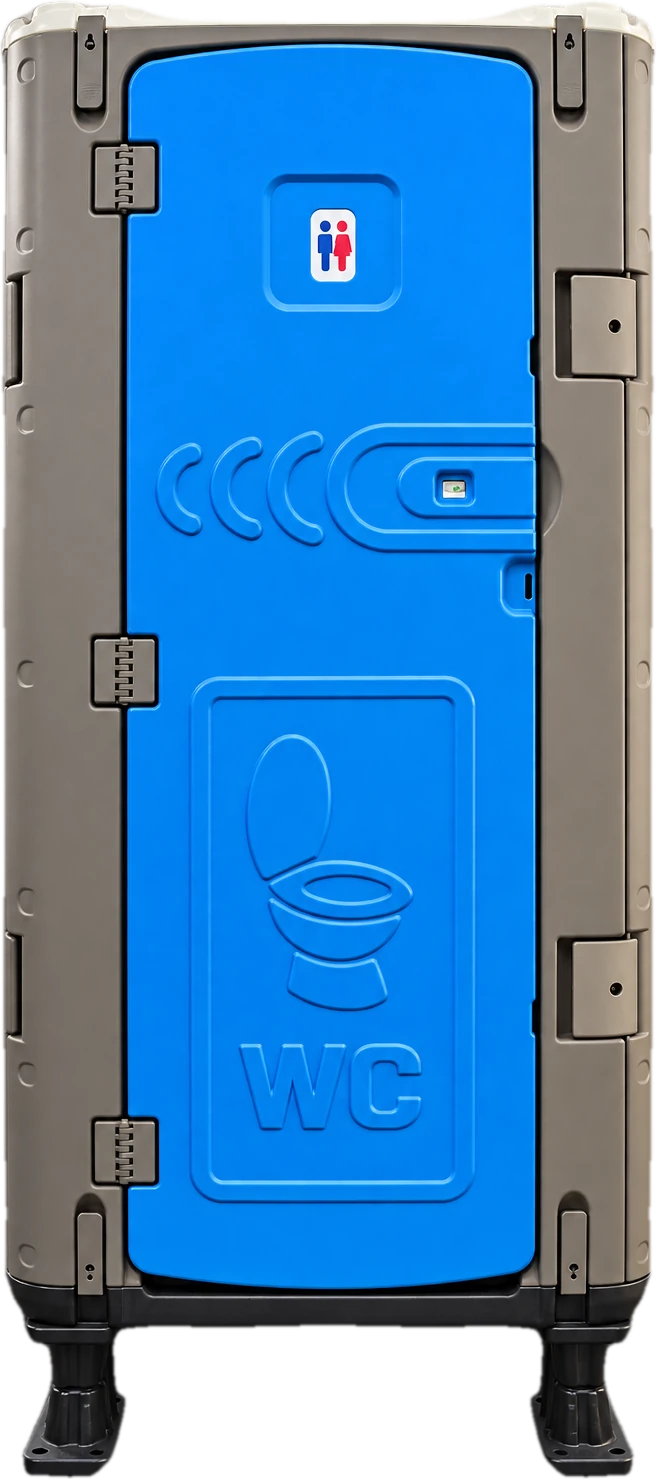 ESPO portable toilet front view with blue door, grey body and raised legs