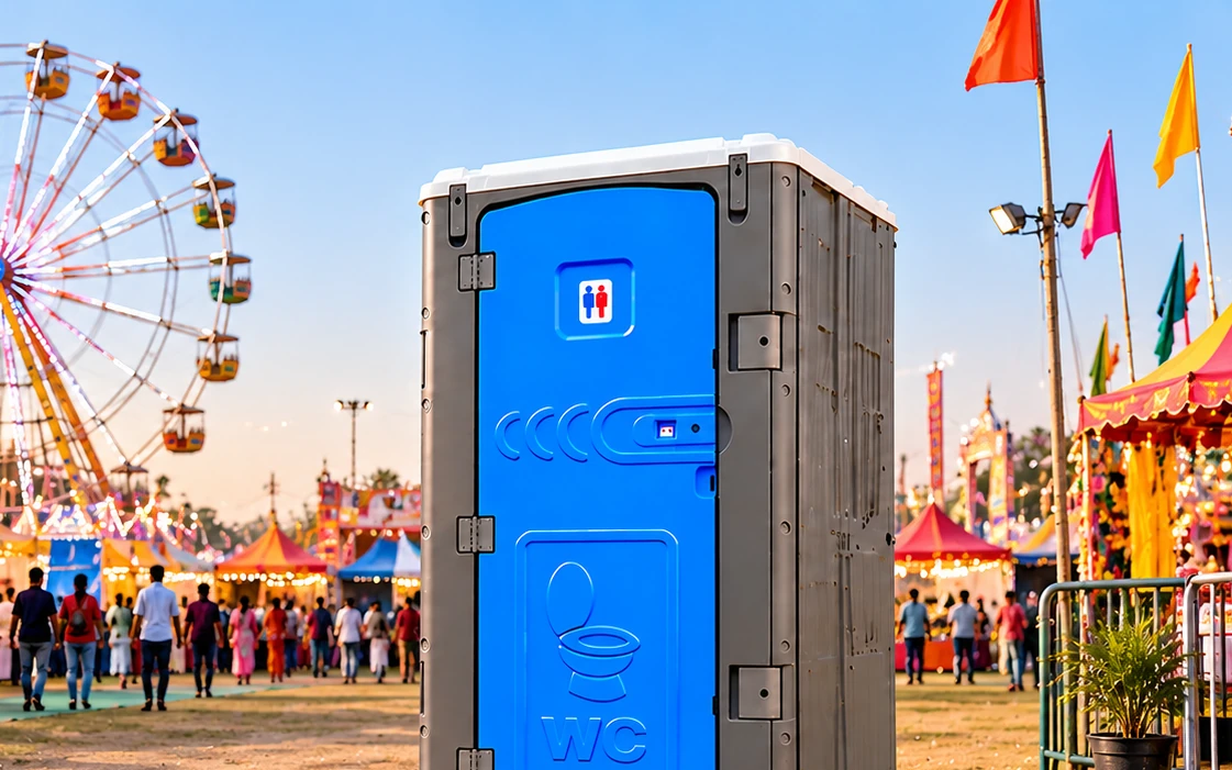 Portable toilet for fairs and melas – ESPO unit at a mela ground with giant wheel