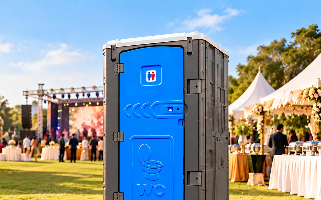 Portable toilet for outdoor events – ESPO unit at a wedding lawn near stage and dining tents