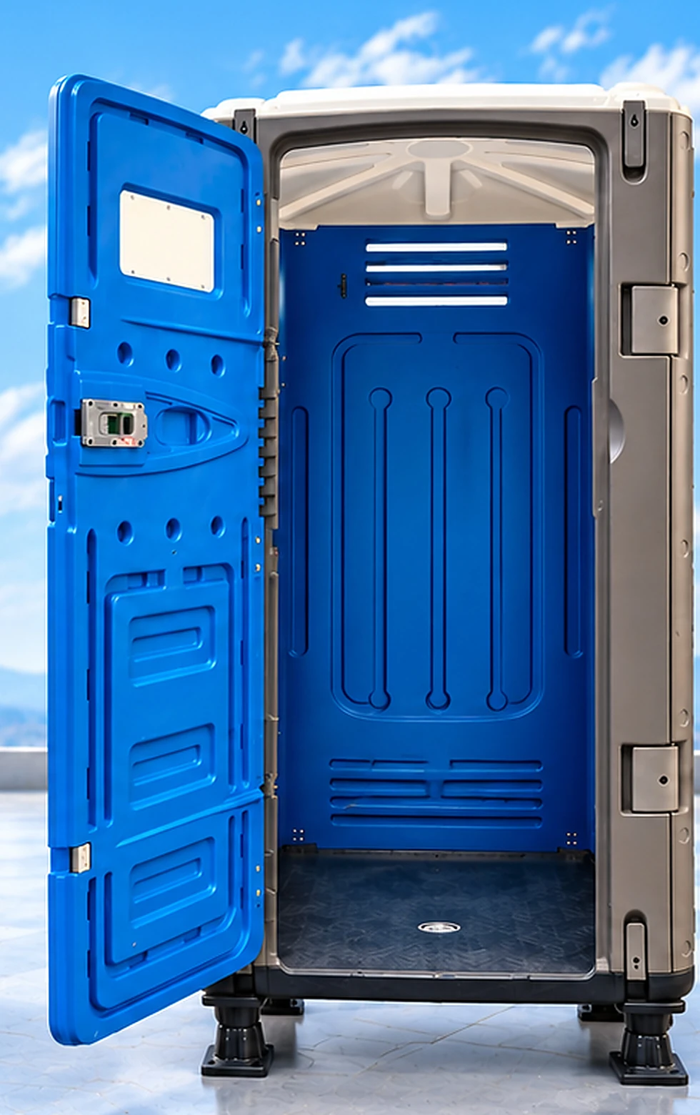 Portable toilet cabin interior with ventilation louvres and anti-slip floor