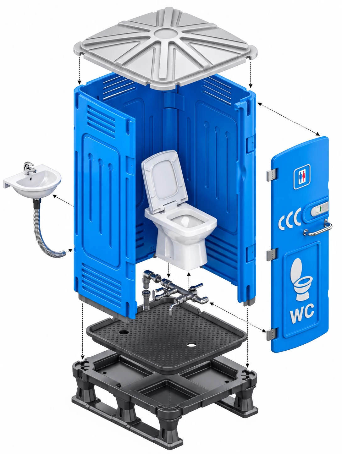 Portable toilet exploded view – roof, wall panels, door, toilet, wash basin, plumbing, floor tray and base