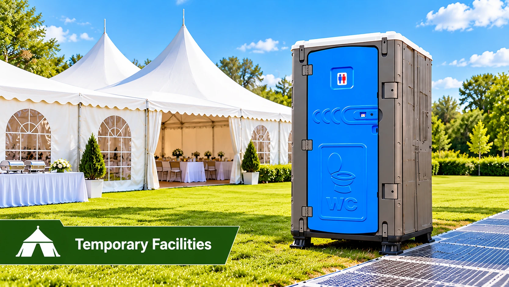 Portable toilet for temporary facilities beside wedding marquee tents