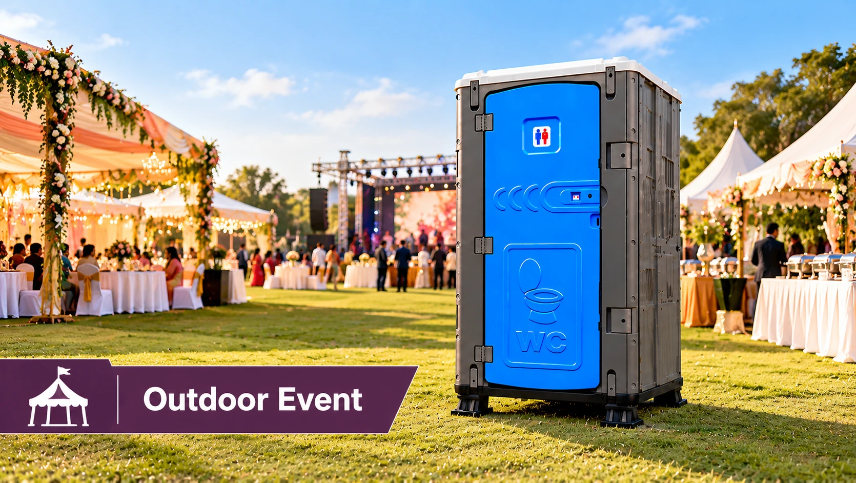Portable toilet for outdoor events and weddings – ESPO unit on a lawn near stage and dining tents