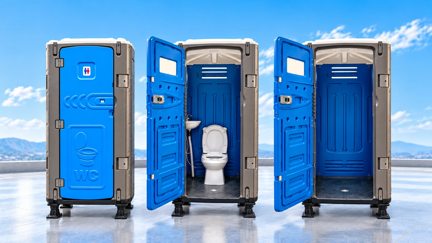 Three ESPO portable toilet units – closed, open with toilet and wash basin, and empty cabin