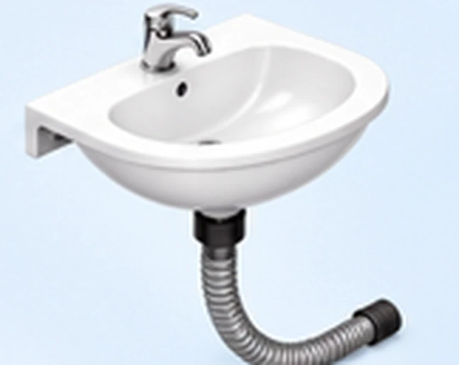Wall-mounted wash basin with tap and flexible drain pipe for portable toilet