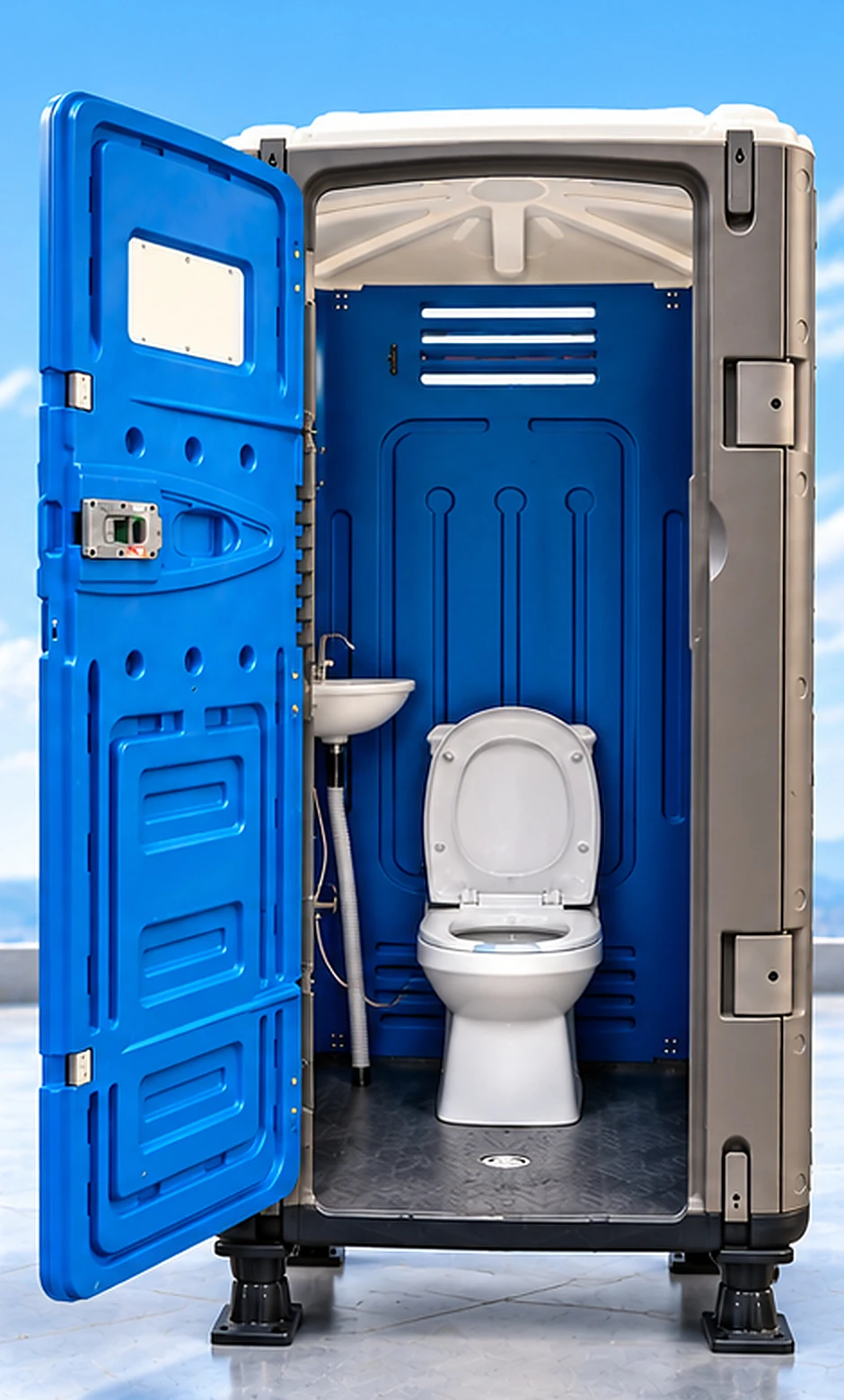 Portable toilet with open door showing western toilet and wash basin inside